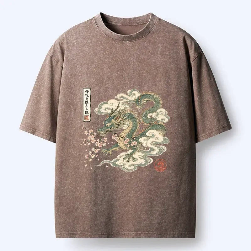 Kyoto-Lion Ancient Dragon Holds Pink Sakura Blooms Washed T-Shirt