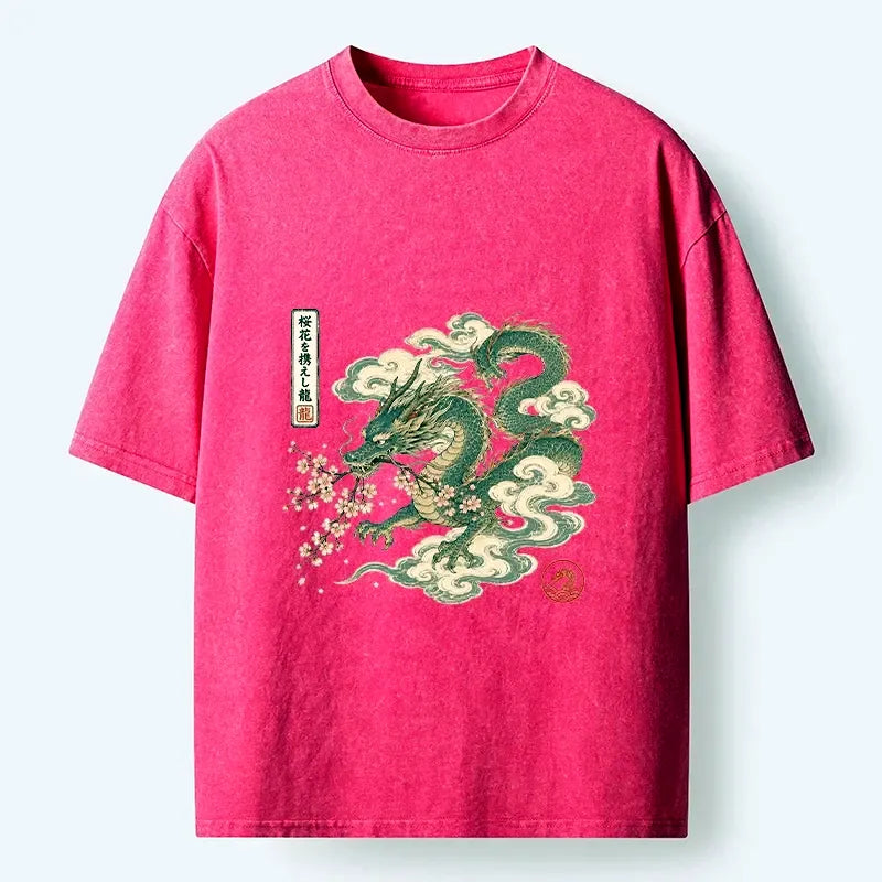 Japanese Vintage Dragon Sakura Washed T-Shirt for Streetwear