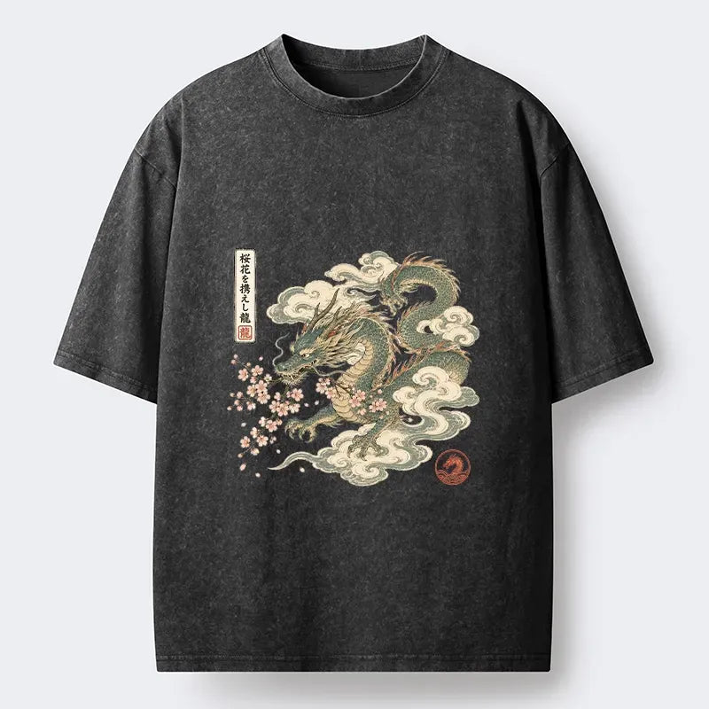 Japanese Vintage Dragon Sakura Washed T-Shirt for Streetwear