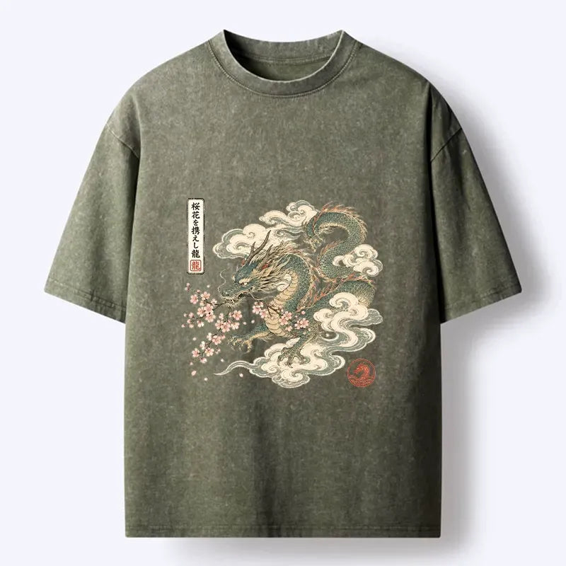Kyoto-Lion Ancient Dragon Holds Pink Sakura Blooms Washed T-Shirt