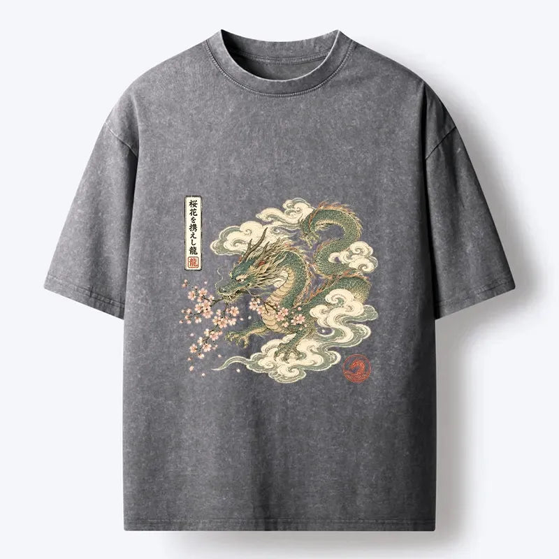 Kyoto-Lion Ancient Dragon Holds Pink Sakura Blooms Washed T-Shirt