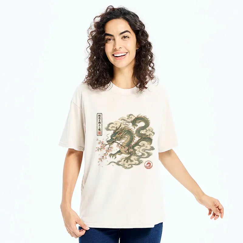Kyoto-Lion Ancient Dragon Holds Pink Sakura Blooms Washed T-Shirt