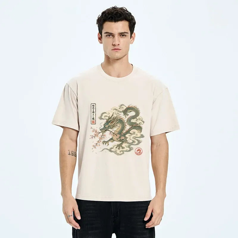 Japanese Vintage Dragon Sakura Washed T-Shirt for Streetwear