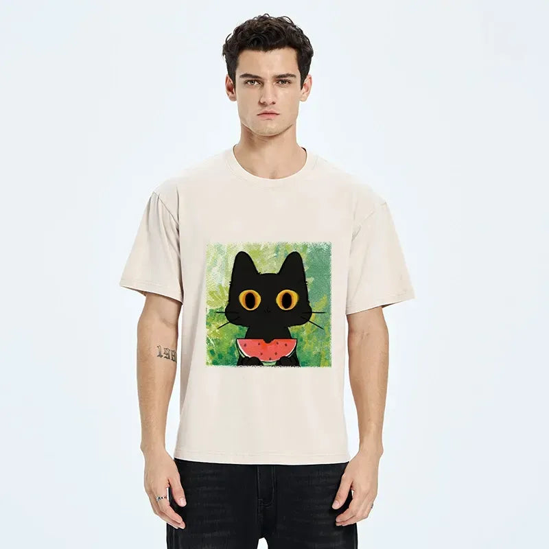 Kyoto-Lion Black Cat Loves Watermelon Washed T-Shirt