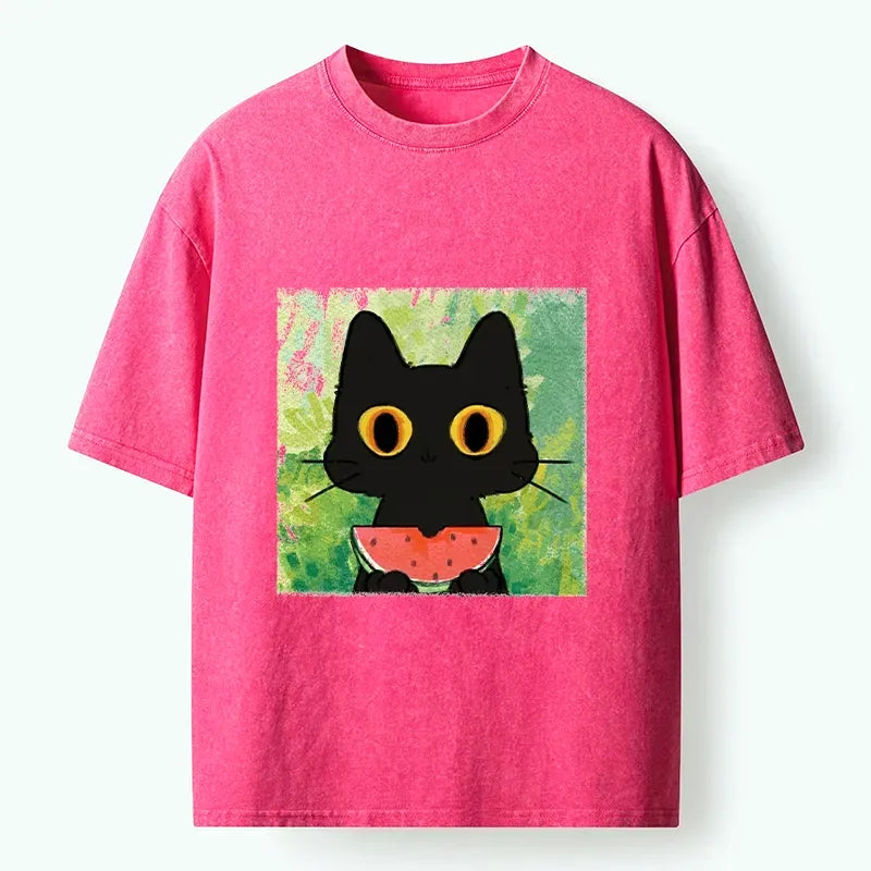 Kyoto-Lion Black Cat Loves Watermelon Washed T-Shirt