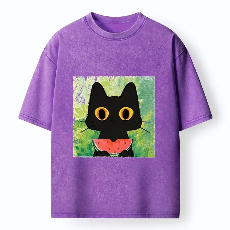 Kyoto-Lion Black Cat Loves Watermelon Washed T-Shirt