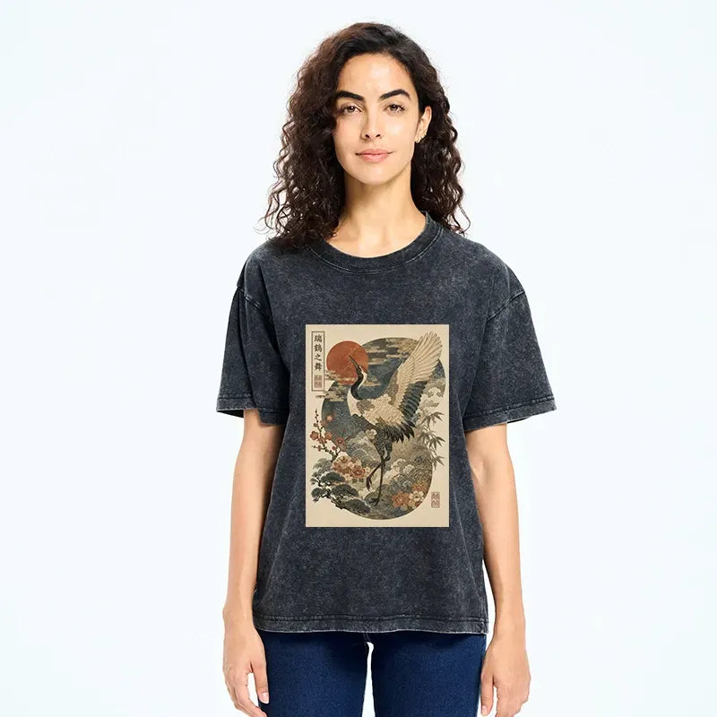 Kyoto-Lion Lucky Crane Plum Bamboo Vintage Print Washed T-Shirt