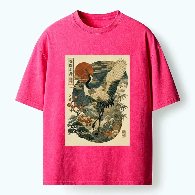 Kyoto-Lion Lucky Crane Plum Bamboo Vintage Print Washed T-Shirt