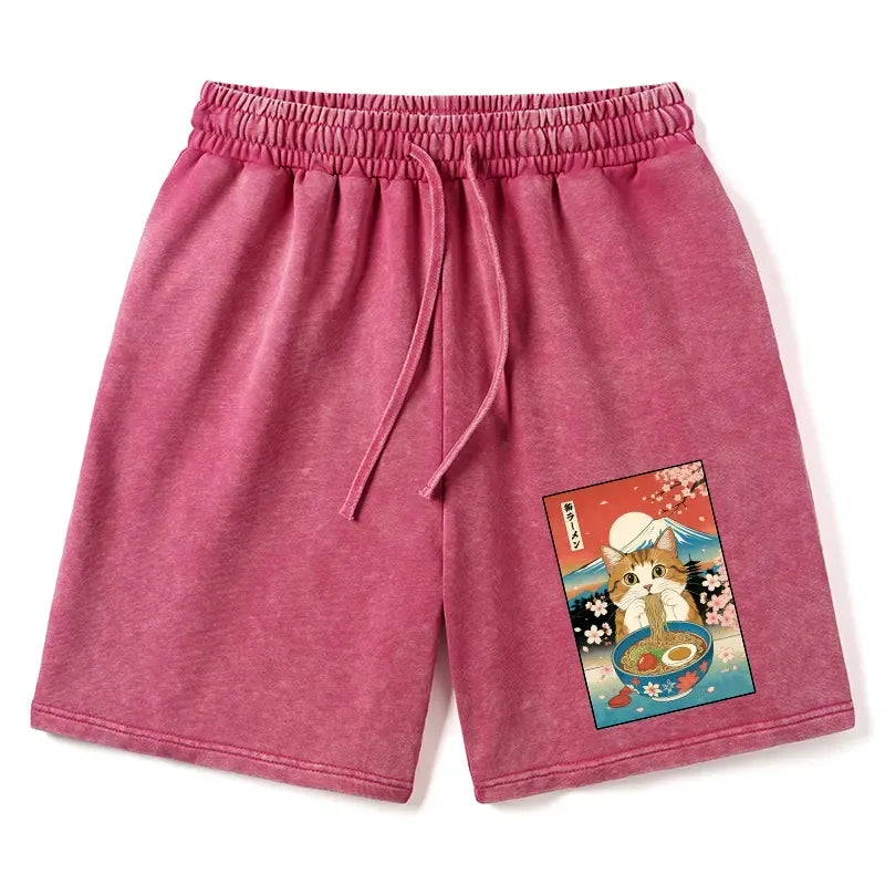 Kyoto-Lion Funny Orange Cat Eating Ramen Japan Washed Shorts