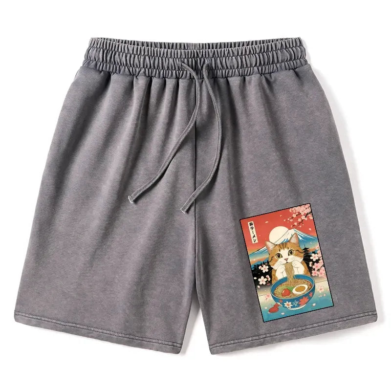 Kyoto-Lion Funny Orange Cat Eating Ramen Japan Washed Shorts