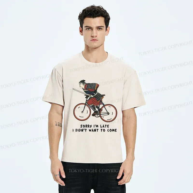 Kyoto-Lion Samurai Riding A Bicycle Japanese Washed T-Shirt