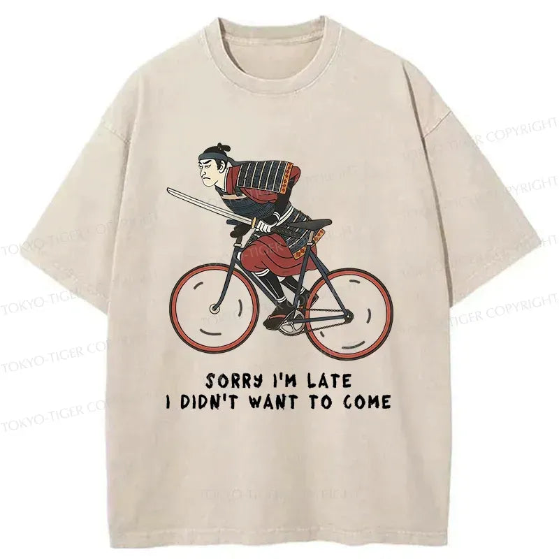 Kyoto-Lion Samurai Riding A Bicycle Japanese Washed T-Shirt