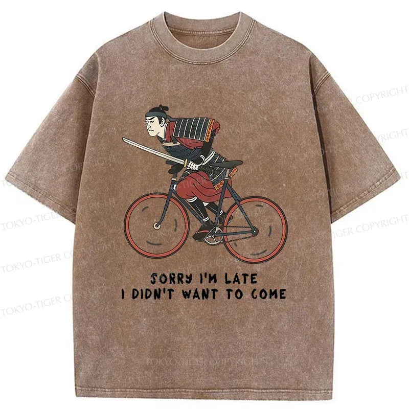 Kyoto-Lion Samurai Riding A Bicycle Japanese Washed T-Shirt