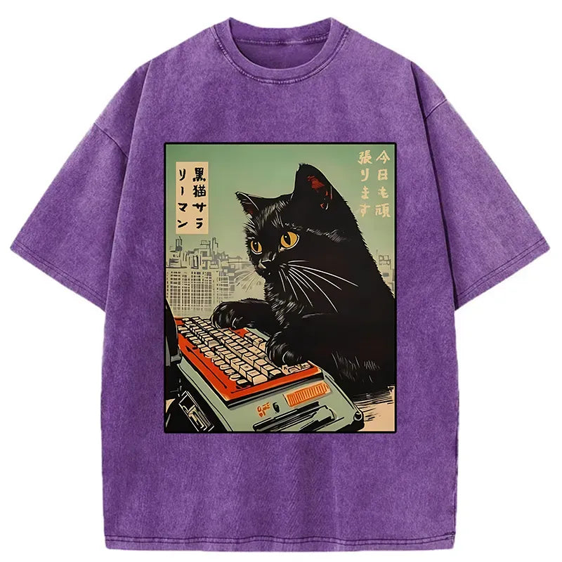 Japanese Cat Typing T-Shirt for Daily Wear