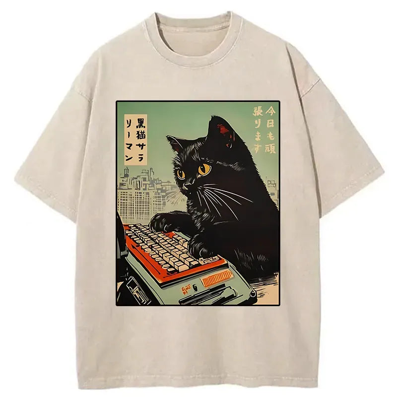 Kyoto-Lion Cat Typing Washed T-Shirt