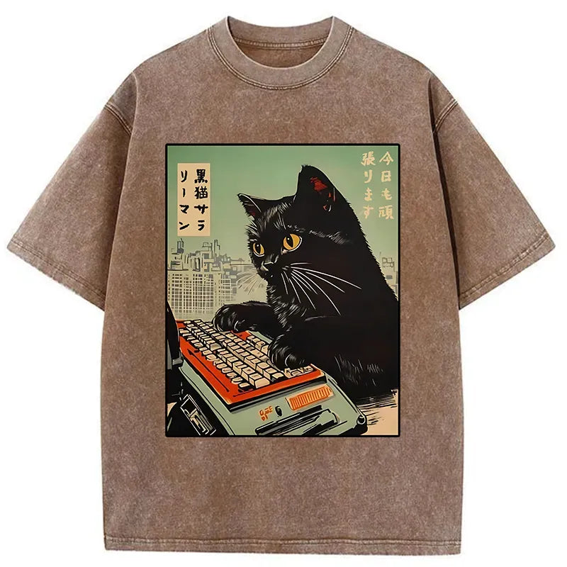 Kyoto-Lion Cat Typing Washed T-Shirt