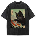Washed Unisex Cotton T-Shirt with Cat Design