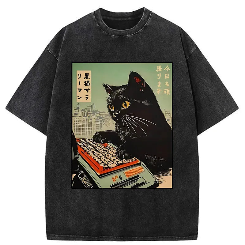 Washed Unisex Cotton T-Shirt with Cat Design