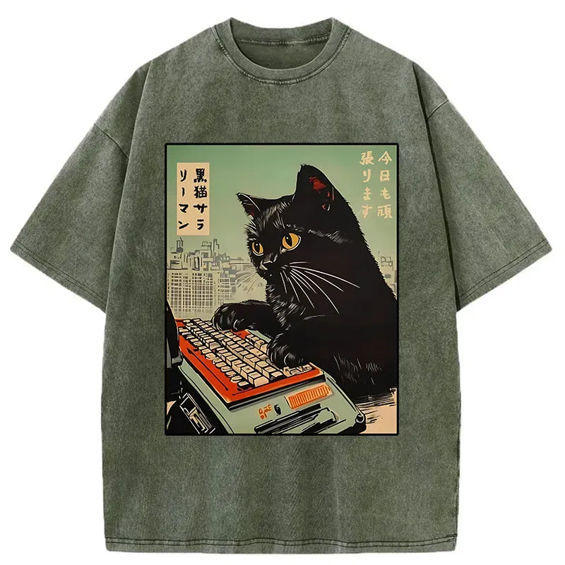 Washed Unisex Cotton T-Shirt with Cat Design