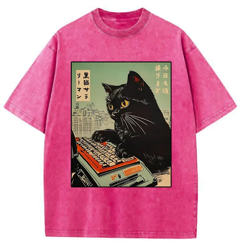 Kyoto-Lion Cat Typing Washed T-Shirt
