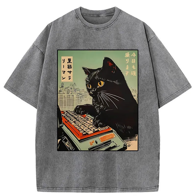 Vintage Japanese Cat T-Shirt for Summer