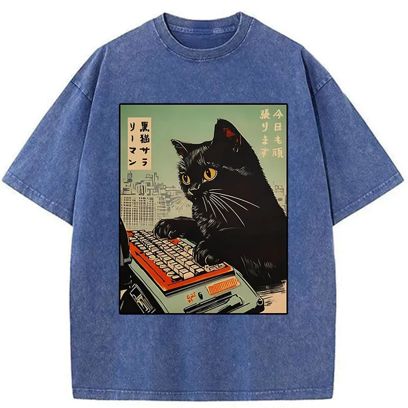 Japanese Cat Typing T-Shirt for Daily Wear