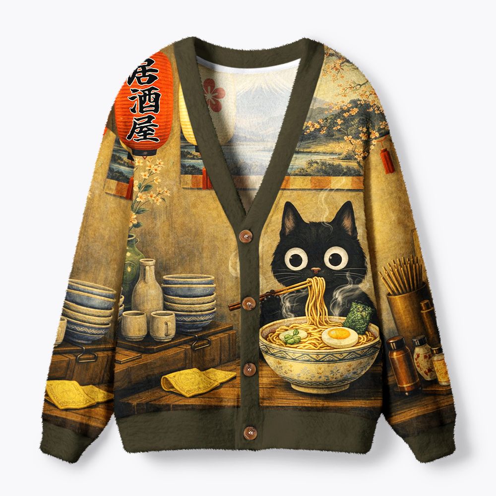 Kyoto-Lion The Cozy Ramen Spot Ugly Cardigan Sweater