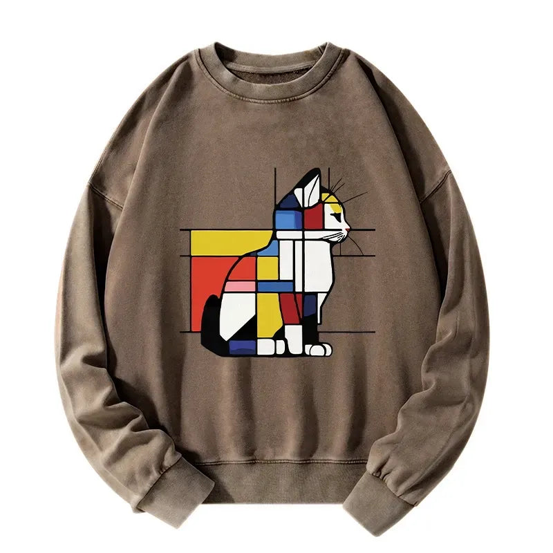Kyoto-Lion Geometric Cat Art In Primary Colors Washed Sweatshirt