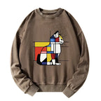 Kyoto-Lion Geometric Cat Art In Primary Colors Washed Sweatshirt