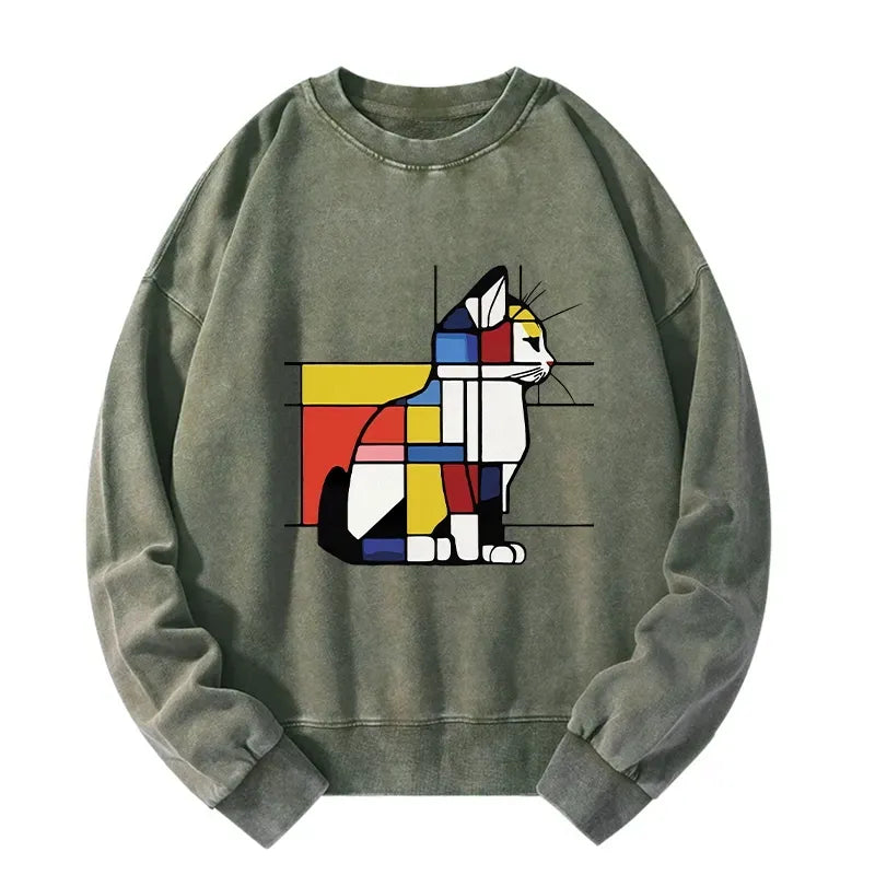 Kyoto-Lion Geometric Cat Art In Primary Colors Washed Sweatshirt