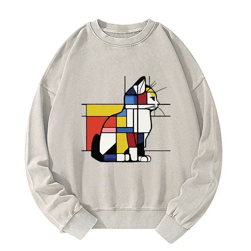 Washed Unisex Sweatshirt with Cat Art