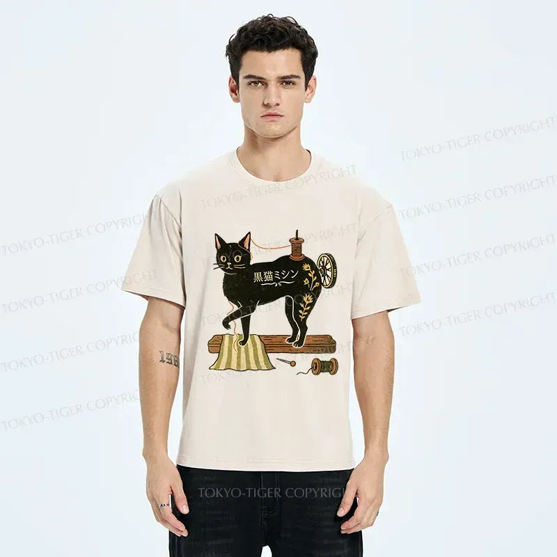 Japanese Cat Washed T-Shirt for Daily Wear