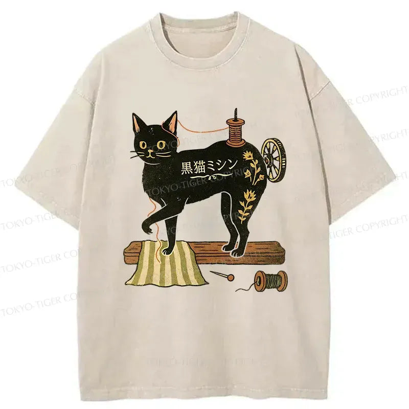 Japanese Cat Washed T-Shirt for Daily Wear