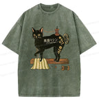 Japanese Cat Washed T-Shirt for Daily Wear