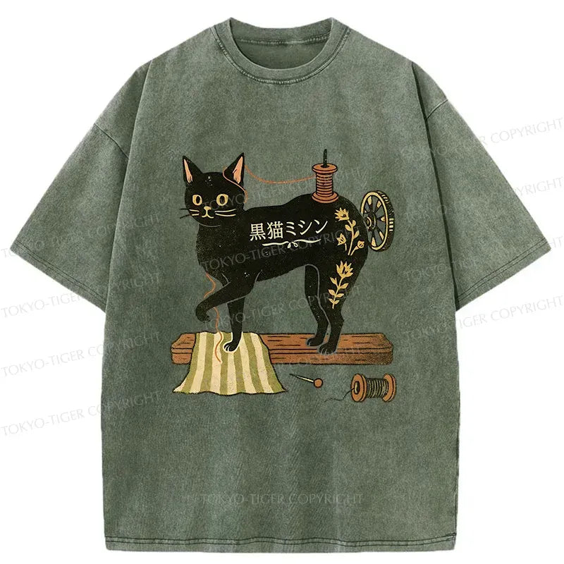 Japanese Cat Washed T-Shirt for Daily Wear