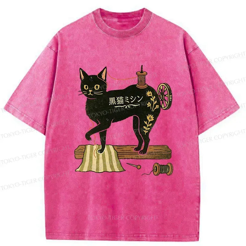 Kyoto-Lion Sewing Machine Cat Washed T-Shirt
