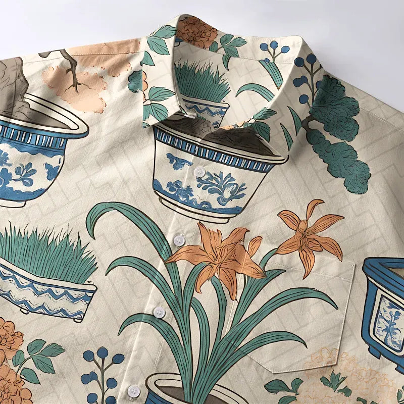Japanese Vintage Potted Plants Button Up Shirt