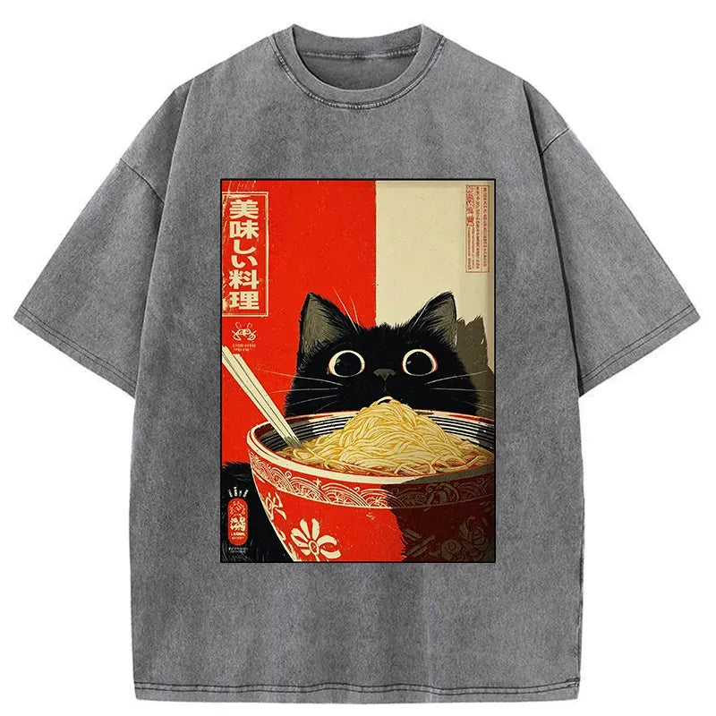 Japanese Cat Ramen Washed T-Shirt