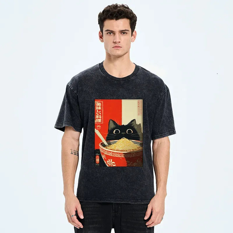 Kyoto-Lion Cat Eats A Large Portion Of Ramen Washed T-Shirt