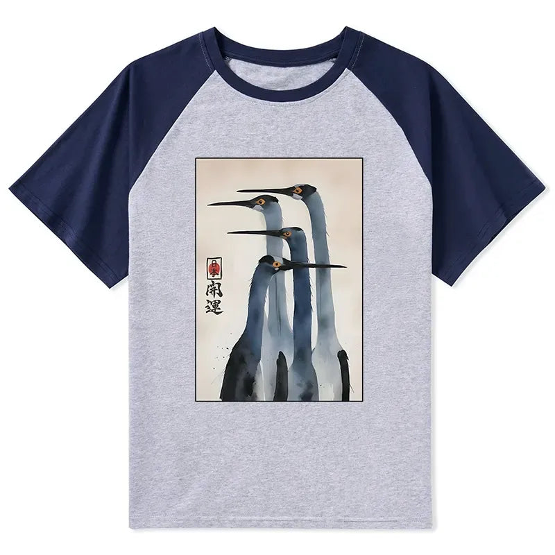 Japanese Retro Raglan T-shirt for Daily Wear