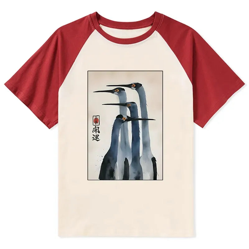 Japanese Retro Raglan T-shirt for Daily Wear