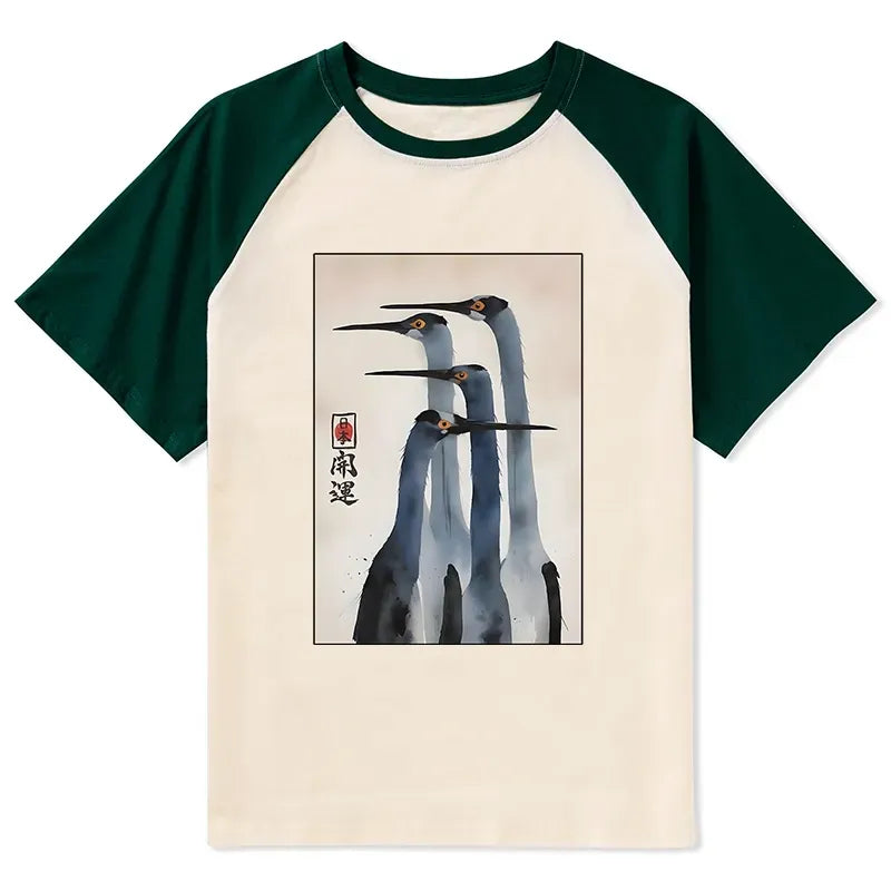 Kyoto-Lion Retro Sandhill Crane Raglan T-shirt