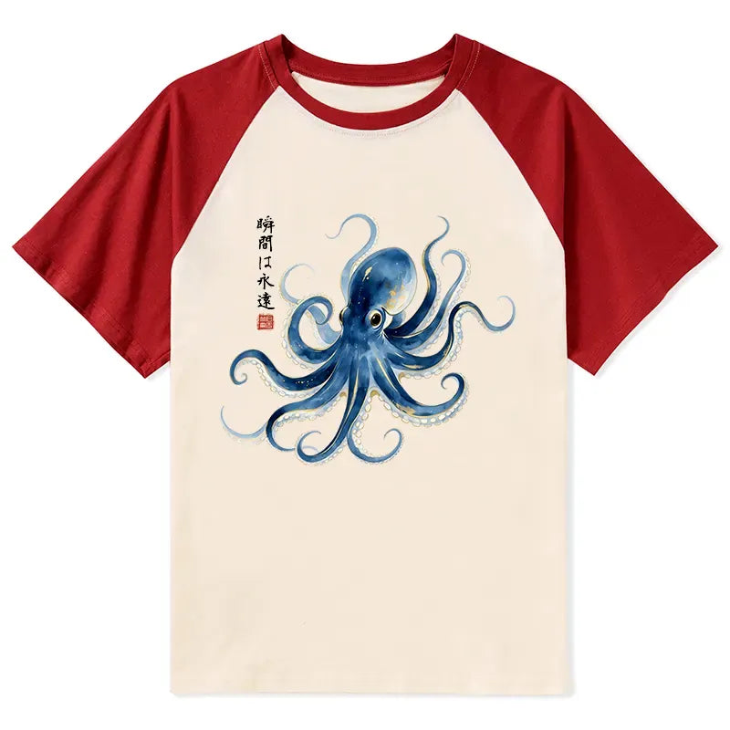 Kyoto-Lion Stylish Blue Octopus Japanese Raglan T-shirt