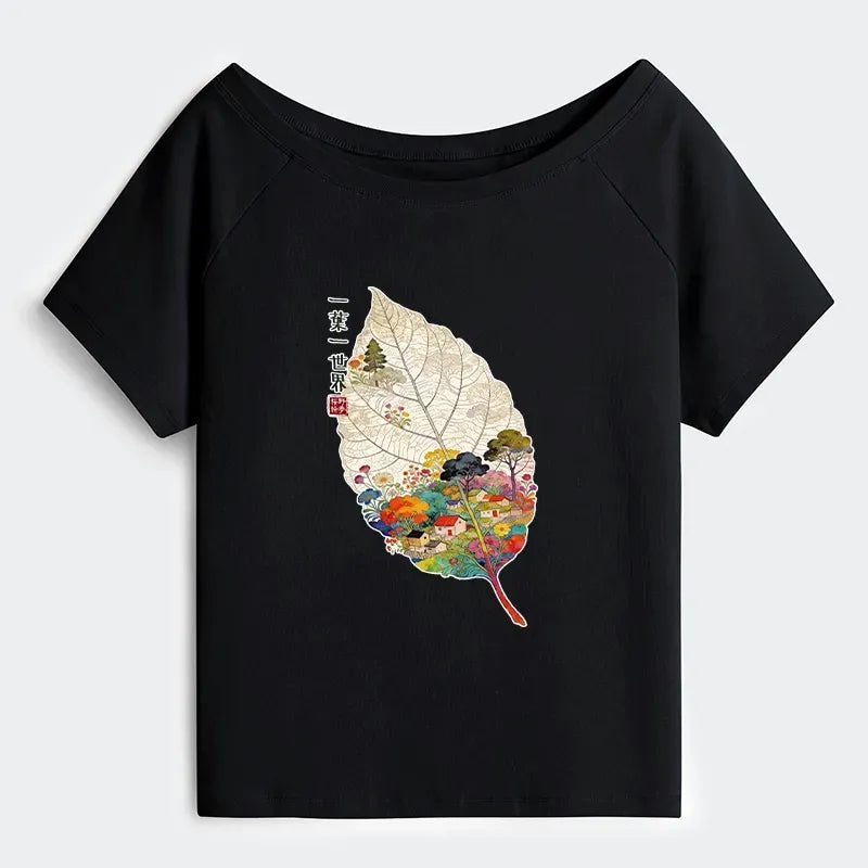 Kyoto-Lion One Leaf Holds A Tiny Colorful World Off Shoulder T-Shirt
