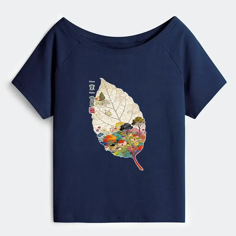Kyoto-Lion One Leaf Holds A Tiny Colorful World Off Shoulder T-Shirt