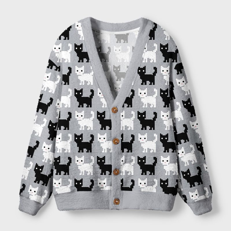Kyoto-Lion Retro Pixel Black White Cat Ugly Cardigan Sweater