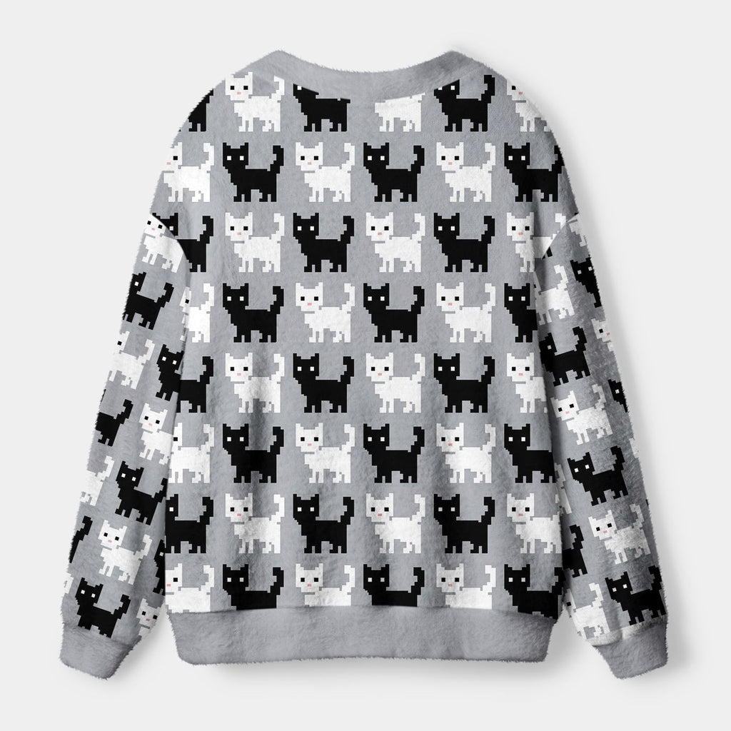Kyoto-Lion Retro Pixel Black White Cat Ugly Cardigan Sweater