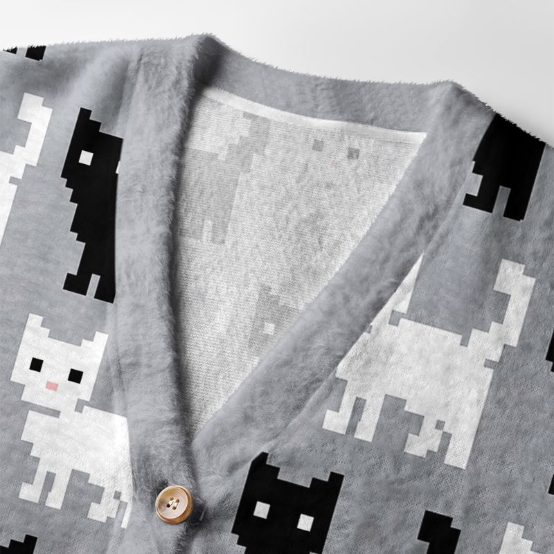 Kyoto-Lion Retro Pixel Black White Cat Ugly Cardigan Sweater