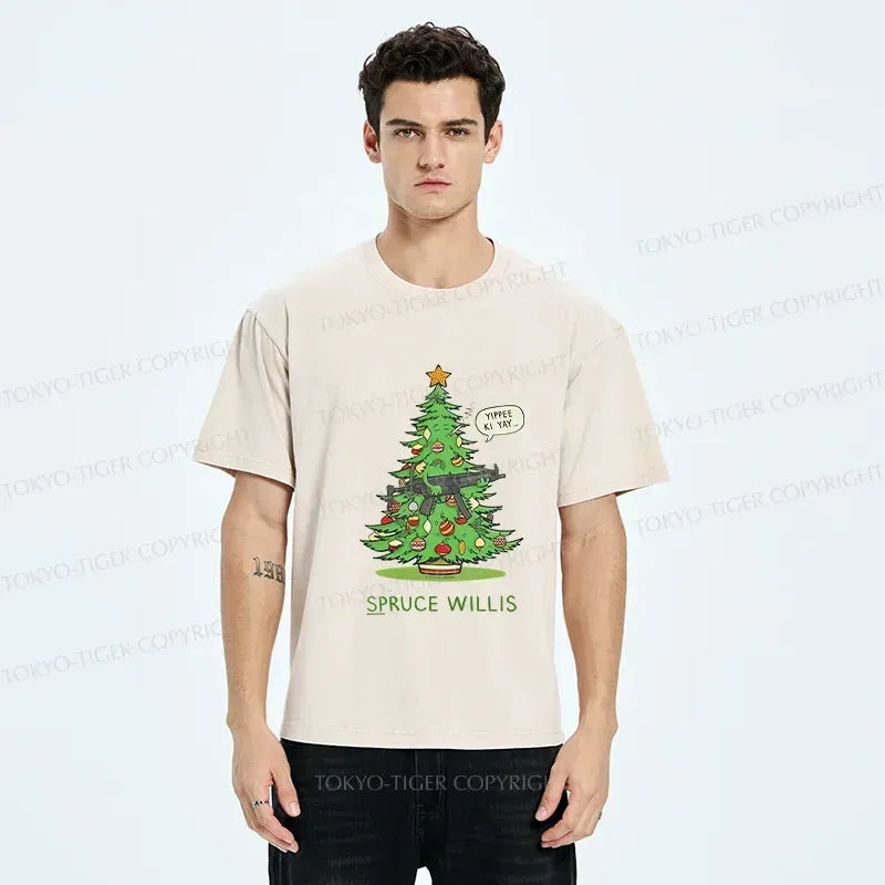 Kyoto-Lion Armed Christmas Tree Funny Washed T-Shirt