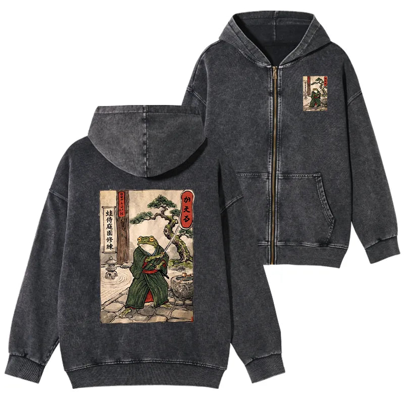 Kyoto-Lion Samurai Frog Training Washed Zip Hoodie